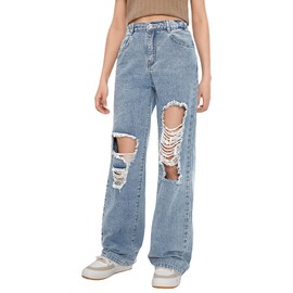 Verdusa Girl's Casual Distressed Ripped Elastic Waist Wide Leg Denim Pants Jeans Light Wash 12-13Y