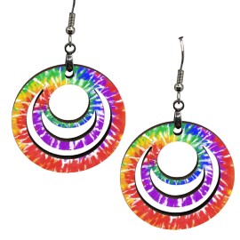 the fun things Rainbow Tie Dye Wood Earrings Dangle Stainless Steel Wires Artisan Jewelry