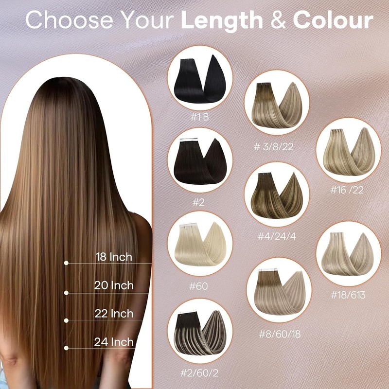 Tape in Weft Hair Extensions, Darkest Brown 18 Inch