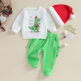Kid Baby 3Pcs Christmas Outfits Boys Girls Clothes Set Dinosaur&Letters Print Long Sleeve Sweatshirts+Green Sweatpants+Santa Hat (Green, 6-12 Months)