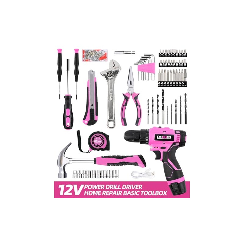 DOWELL 147 Pcs Pink 12V Drill Tool Set, Tool Kit