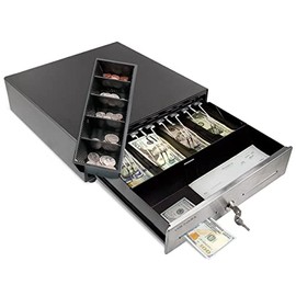 Mini Cash Register Drawer for Point of Sale (POS) System with 4 Bill 5 Coin Cash Tray, Black and Stainless Steel Front Cash Drawers, Removable Coin Compartment, 24V, RJ11/RJ12 Key-Lock, Media Slot