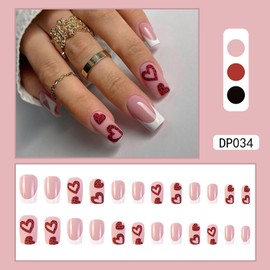 24 Pcs Valentines Press on Nails Medium Square Fake Nails Nude Pink False Nails with Red Heart Designs Glossy Full Cover Stick on Nails Artificial Nails for Women Girls Valentines Nails