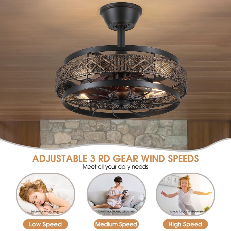 SHIHOT 18" Black Caged Ceiling Fan with Lights, Bladeless Industrial