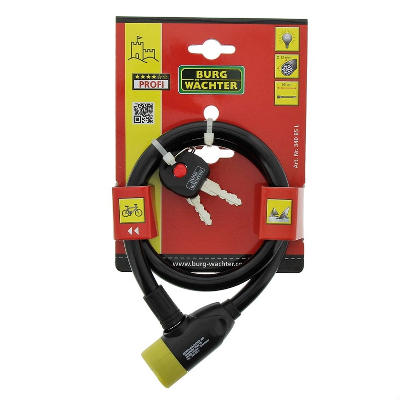 Burg-Wächter Cable Lock with Lighted Keys, Auto-Locking, Length: 65cm, 340