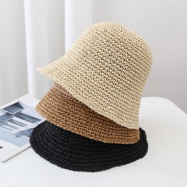 Womens Mesh Straw Woven Bucket Hat Solid Color Foldable Short Brim Fishing Beach Sun Hat
