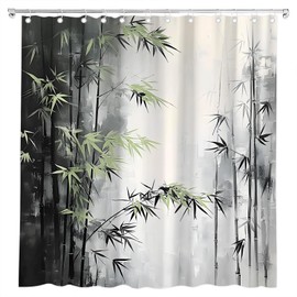 Bamboo Shower Curtain Vintage Japanese Ink Painting Green Plant Leaf Forest Stone Asian Rustic Wild Nature Plant Spring Scenic Bath Curtain Fabric Bathroom Accessories Decor with Hooks 70W x70L