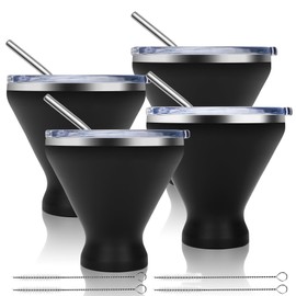 8oz Margarita Tumbler with Lid and Straw, Set of 4 Outdoor Travel Stemless Martini Glass to Go, Unbreakable Stainless Steel Cocktail Cup, Ideal Gift for Martini Lover, Black
