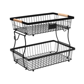 Lawhood-Mijin Fruit Basket Bowl 2 Tier Detachable with 2 Banana Hangers, Fruit Stand Holder for Kitchen Countertop, Metal Wire Vegetable Storage Organizer, for Bread Snack Veggies Produce, Black