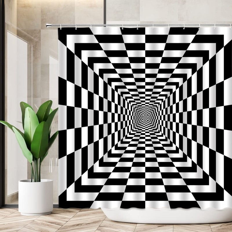 Optical Illusion Shower Curtain Black White Checkboard Pattern Reflecting Symmetric