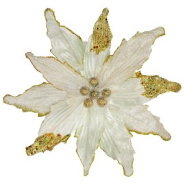 Briful 12'' Large Heads Christmas Glitter Poinsettia Flowers Christmas Tree Ornaments Set of 4 Artificial Flowers with Picks Stems for Xmas Tree Party DIY Holiday Decorations, White and Gold