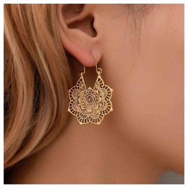 Yheakne Boho Mandala Flower Earrings Gold Drop Dangle Earrings Tribal Earrings Vintage Ethnic Hoop Earrings Jewelry for Women and Girls (Gold)