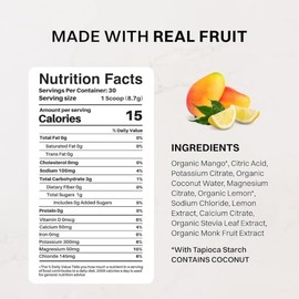 JUST INGREDIENTS Bebida electrolítica de limonada de mango - Agua de coco, sal marina, oligoelementos - 30 porciones