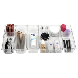 Amtido 7Pcs Drawer Organiser Set - Sturdy Clear Plastic - Versatile Storage for Kitchen, Bathroom, Utensils, Makeup, Office, and Desk Accessories