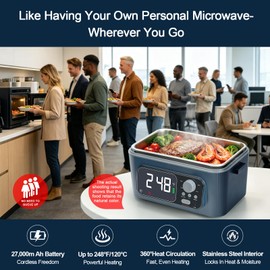 Cordless Electric Heated Lunch Box for Adults，360° Surround Heating Fast and Even Heating, up to 248℉，6.3Cups 27000mAh Rechargeable Self Heating Food Heater, Automatic Scheduled Heating