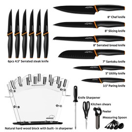 Amorston Knife Set, Kitchen Knife Blcok Set with Built in Knife Sharpener Block, Dishwasher Safe, German Stainless Steel, Black