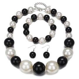MMIUAEG Colorful Round Beaded Earrings Neacklace Set Retro Imitation Pearls Beaded Bracelet Geometric Acrylic Beads Dangle Earrings 70s 80s Exaggerated Necklace Bracelet Jewelry-White&Black