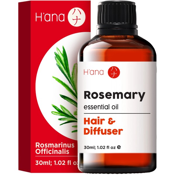 H’ana Pure Rosemary Oil for Hair Growth & Dry Scalp - 100% Therapeutic Grade Undiluted Rosemary Essential Oils for Skin, Diffuser & Aromatherapy - Rosemary Hair Oil for Hair Growth - 1 fl oz