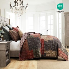 HORIMOTE HOME Velvet Patchwork Quilt King Size, Reversible Vintage Pattern Bedspread Luxury Cozy Vlevet Comforter 3-Pieces Coverlet Bedding Set for All Season (Burgundy)