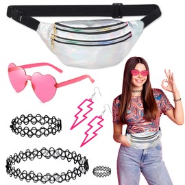 Pack of 6 80s Accessories Outfit Women, 80s 90s Costume Clothing Accessories with Bum Bag, Glasses, Necklace, Bracelets, Earrings, Ring, Neon 80s Party Outfit Women for Carnival (Silver)