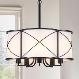 19'' Farmhouse Drum Chandelier for Dining Room 5-Light Black Modern Pendant Light White Fabric Retro Height Adjustable Lighting Fixture for Bedroom Office