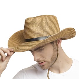 Cowboy Straw Sun Hat for Men UPF 50+ Summer Beach UV Panama Fedora Cowgirl Western Shapeable Brim Outdoor Cap with Belt Khaki