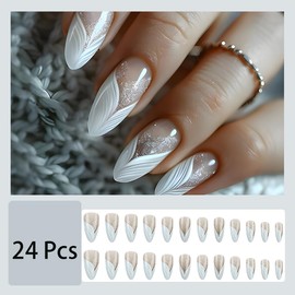 24pcs French Tip Press on Nails Medium Almond Fake Nails with Glitter Designs Mermaid Tail False Nails White French Tip Artificial Nails Glue on Nails Full Cover Acrylic Nails for Women Girl