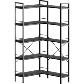 Huuger 5 Tier Bookshelf, L Shaped Corner Bookshelf with 10 Open Shelves, 49.4 Inch Straight Wide Bookcase with Metal Frame and Wooden Board, Adjustable Feet, Black