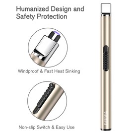 REIDEA Electronic Candle Lighter Arc Windproof Flameless USB Rechargeable Lighter with Safe Button for Home Kitchen Champagne Gold S4