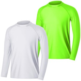 MASOCIO Pack of 2 Men's Long-Sleeved UV Protection Shirt Water UPF 50+ Rash Guard Breathable Quick-Drying Shirts, white/green