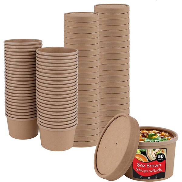 50 x 8oz Brown Soup Ice Cream Container [8oz with Lids, 50pcs] Kraft Takeaway Paper Bowl Containers, Cardboard Round Deli Tubs Lids Heavy Duty 8oz 12oz 16oz 26oz 32oz
