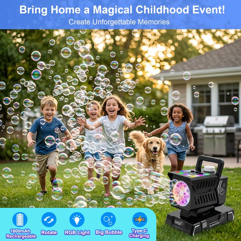 Hanstre Rechargeable Bubble Machine with Remote, RGB Lights & Auto