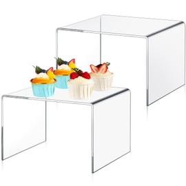 RattanView 2 Pcs 8 Inch Large Acrylic Risers Display Stands 5 mm Thick Acrylic Shelf Riser Showcase for Collectibles Jewelry Cupcakes Food Figures Perfume Cabinet (Clear)