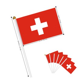 AhfuLife Small Swiss Flags for Decoration, Pack of 30 Swiss Mini Hand-Held Flags with 30 cm White Pole for August 1st National Day Party Home Garden Bar Decoration