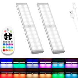 Under Cabinet Lights Wireless, 58-Led Rechargeable RGB Motion Sensor Light Indoor Night Lights with Remote, 2 Pack Under Counter Lights for Kitchen, Wardrobe, Hallway, Stairs, 15 Colors