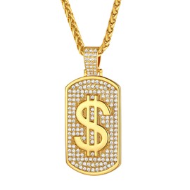 FindChic Gold Money Chain Dog Tag Dollar Sign Necklaces for Men Fake Diamond Pendant Hip Hop Jewelry Cubic Zirconia 80s Costume
