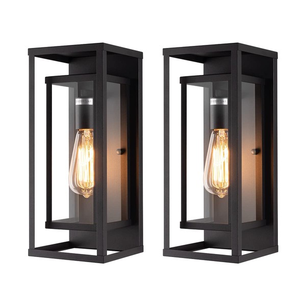 mirrea 14" Classic Outdoor Wall Sconce 1 Light in Matte Black Rectangular Metal Frame and Clear Glass Shade Waterproof Porch Light Patio Light Pack of 2