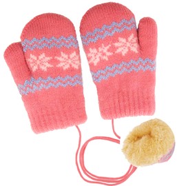 Baby Warm Knit Mittens Winter Toddler Gloves for Infant Kids Girls Boys, Cute Snowflake Soft Elastic Thick Faux-Plush Lined with Neck Rope in Cold Weather