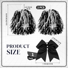 Hanaive 3 Pcs Cheerleading Pom Poms and Large Cheerleader Hair Bow Foil Pompoms Cheer for Team Cheering Squad Dance Rooters Accessories(Black and White,Matte)