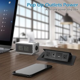 Hidden Pop-Up Outlet with 20W USB C Port Electrical Pop-Up Box Recessed Multimedia Strip Socket with 2 AC Outlets, USB A & USB C Ports with Outlet Network HDMI for The Conference Table (Black-B)
