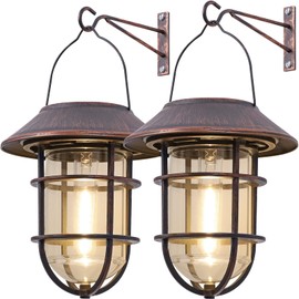 Upgrade Hanging Solar Outdoor Lights With Wall Mount Kit - Waterproof Lanterns for Garden, Patio, Porch, Fence Decor - 2 Pack, Bronze