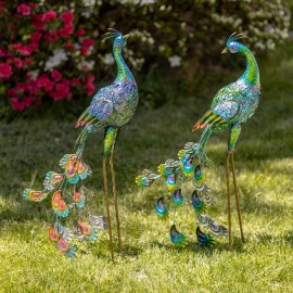 Zaer Ltd. Set of 2 35" Tall Standing Colorful Iron Peacocks