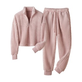 Lianlive Fleece Pajamas Women Warm Winter Fluffy Teddy Lounge Sets for Women Fuzzy Plush Sleepwear 2 Piece PJ Sets (Mauve-M)