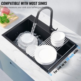 SANYCASA Dish Drying Rack for Workstation Undermount Kitchen Sink - Stainless Steel Roll Up Dish Drainer with Storage Basket – Foldable Anti-Slip Multipurpose for Kitchen Counter - 17" x 14"