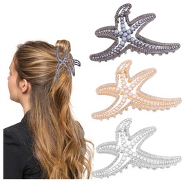 KINCHYGO, 3 Pack Starfish Hair Claw Metal Metals Pearl Jaw Clip Large Sea Star Shaped Hairclamp for Women