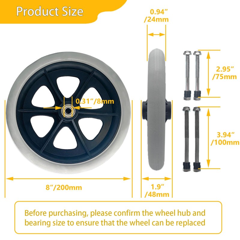 A pair of 8-Inch Solid Replacement Wheels Anti-Slip Front Wheels