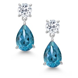 Gem Stone King 925 Sterling Silver London Blue Topaz and White Topaz Teardrop Dangle Drop Earrings For Women (8.50 Cttw, Gemstone Birthstone, Pear Shape 12x8MM, Round 6MM)