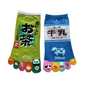 [Mode Select] Women's 5 Toe Socks, Characters, 2 Pairs Set, Thin, Summer, Ankle-Length, Tea, Milk, Cute, 5-Toe Socks, Cute, 2 Patterns, Set of 2 Pairs, Black, Green, Yellow, Pink, Red, Blue