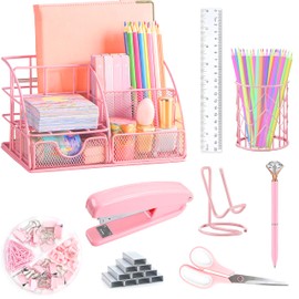 KAAKOW Pink Desk Organizers and Accessories Office Supplies Set Stapler, Pen Holder, Phone Holder, Scissors, Pen, Ruler, 30 Paper Clips, 22 Binder Clip, 20 Tacks and 1000pcs Staples