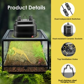 MIXJOY MIXJOY Dual Reptile Light Fixture, Max 160W Reptile Heat Lamp Fixture with Separate Switches, Fits Reptile Light/Heat Lamp/UVB Light for Lizards, Turtles, Snakes, and Amphibians